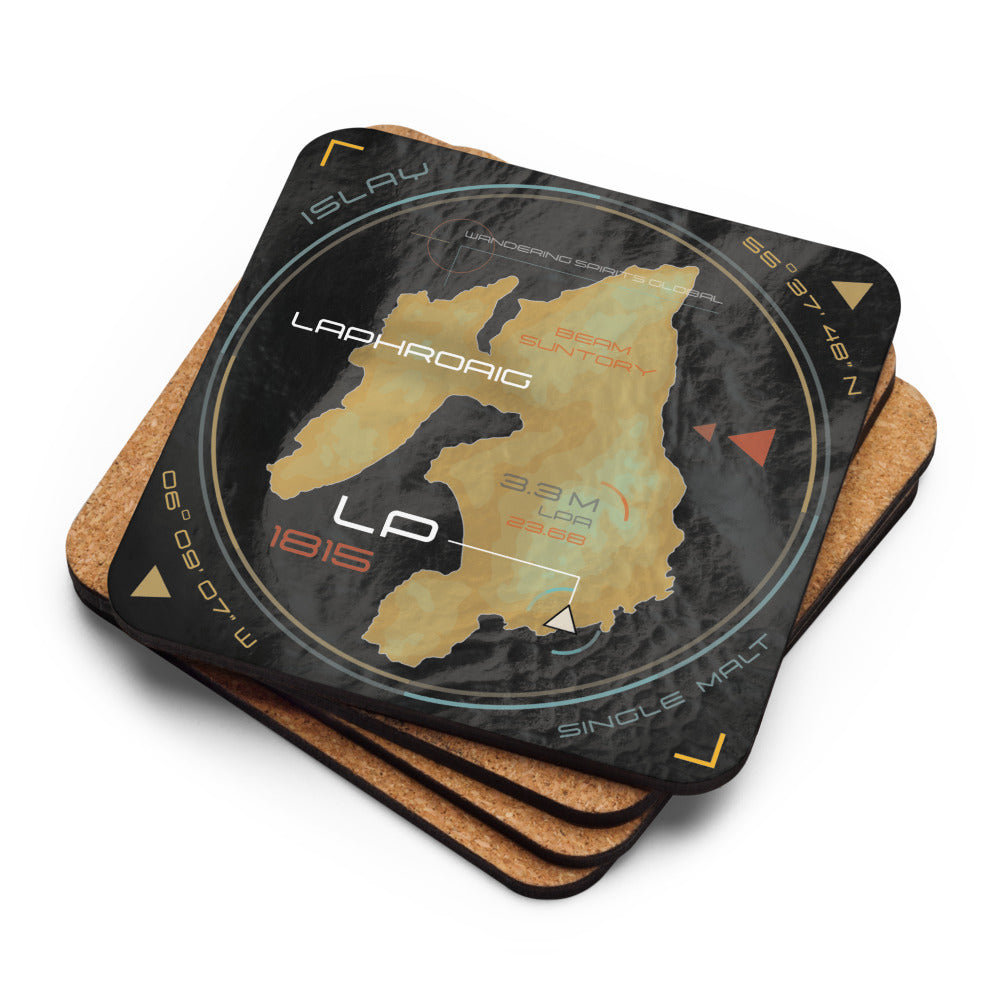 cork backed bar coaster with illustrated map of islay showing laphroaig distillery
