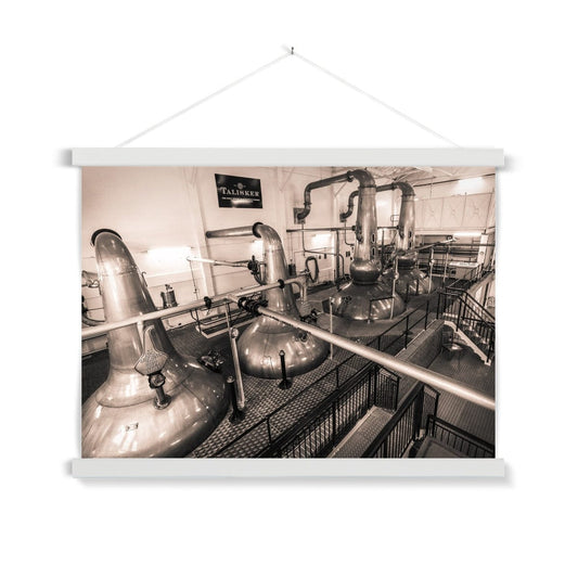 Low Wines and Wash Stills Talisker Golden Toned Fine Art Print with Hanger A2 Landscape / White Frame by Wandering Spirits Global