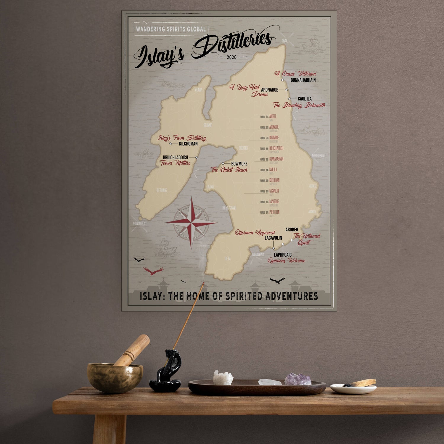 islay distillery map dark / warm tones on a dark wall