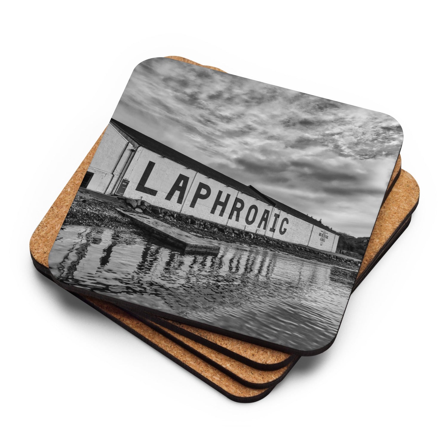 cork backed bar coaster with illustrated map of islay showing laphroaig distillery