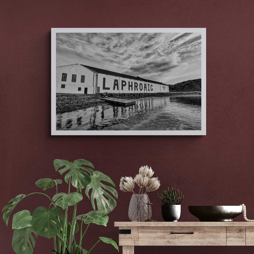 Laphroaig Distillery Islay Black and White Hahnemühle Photo Rag Print 30"x20" by Wandering Spirits Global