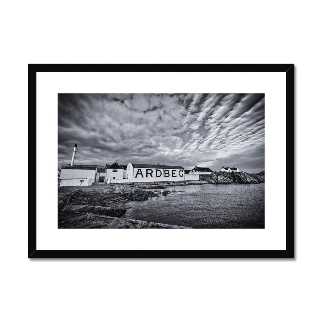 Ardbeg Distillery Black and White Framed & Mounted Print A4 Landscape / Black Frame by Wandering Spirits Global