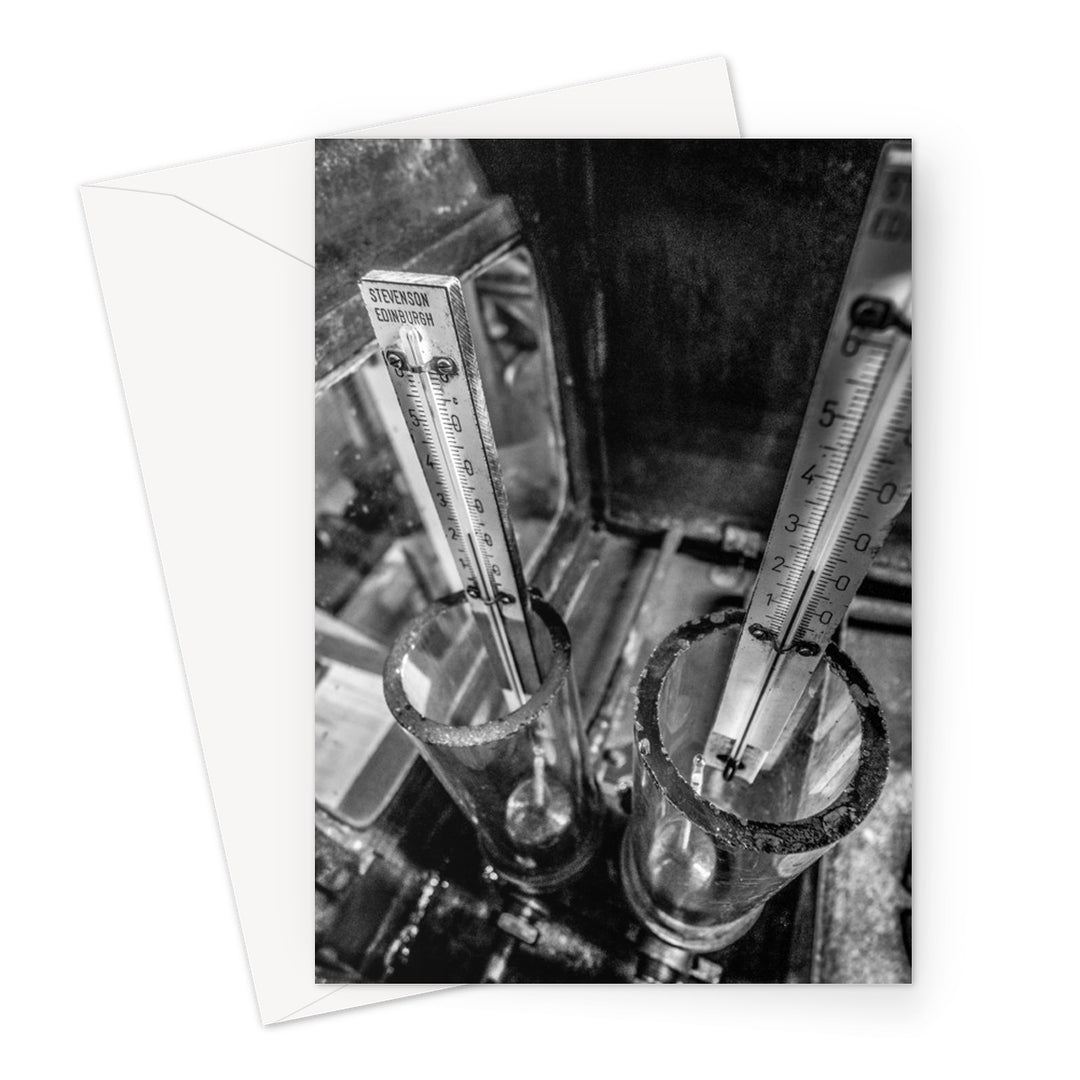 Distilling Thermometers Laphroaig Black and White Greeting Card A5 Portrait / 1 Card by Wandering Spirits Global