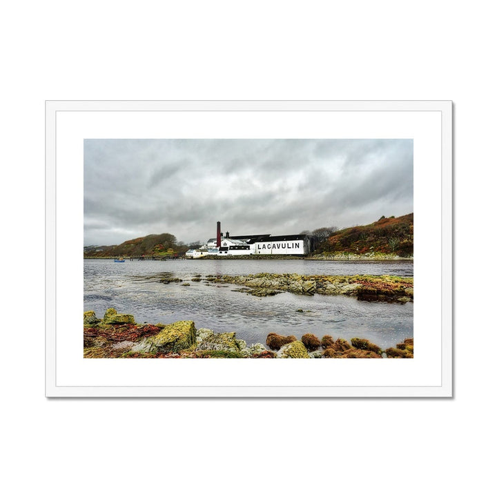 Lagavulin Distillery Soft Colour Framed & Mounted Print 28"x20" / White Frame by Wandering Spirits Global