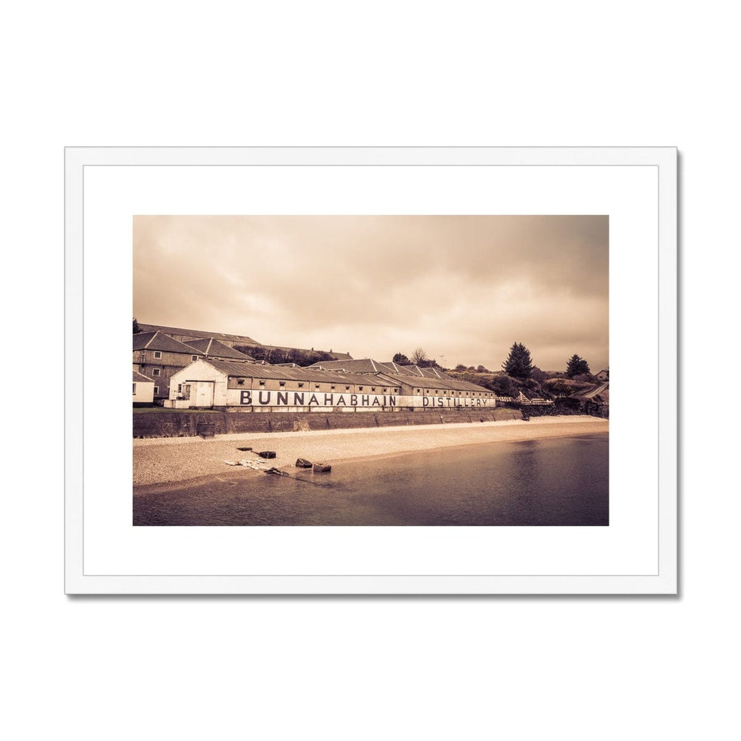 Bunnahabhain Distillery Warehouse Soft Colour Framed & Mounted Print A2 Landscape / White Frame by Wandering Spirits Global