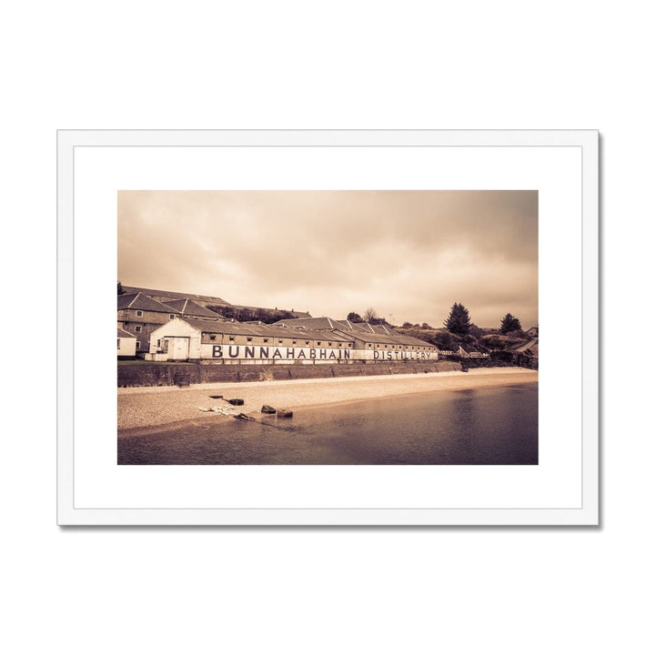 Bunnahabhain Distillery Warehouse Soft Colour Framed & Mounted Print A2 Landscape / White Frame by Wandering Spirits Global