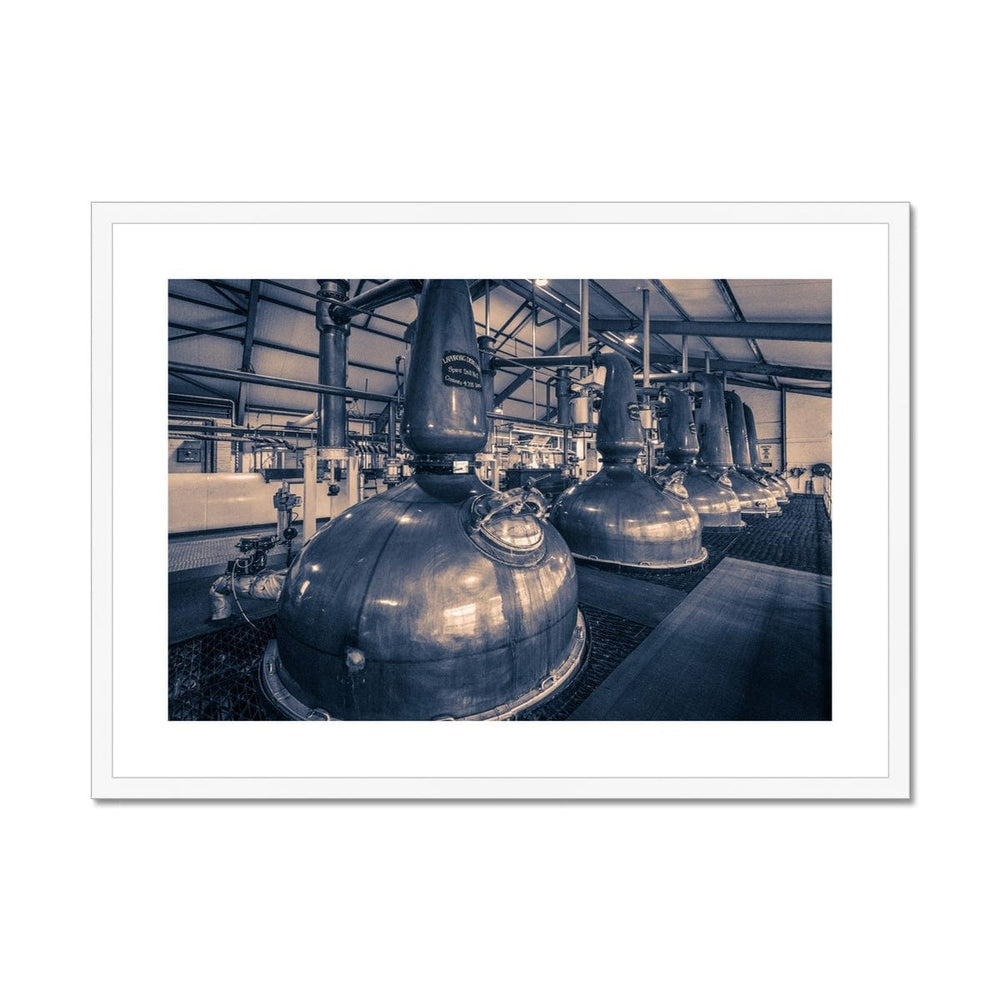 Spirit and Wash Stills Laphroaig Distillery Purple Toned Framed & Mounted Print 28"x20" / White Frame by Wandering Spirits Global