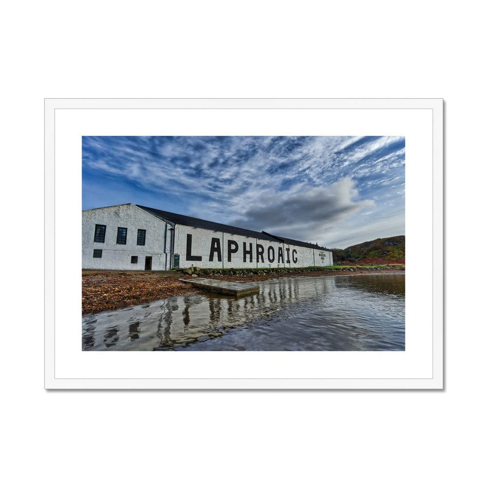 Laphroaig Distillery Warehouse Full Colour Framed & Mounted Print 28"x20" / White Frame by Wandering Spirits Global