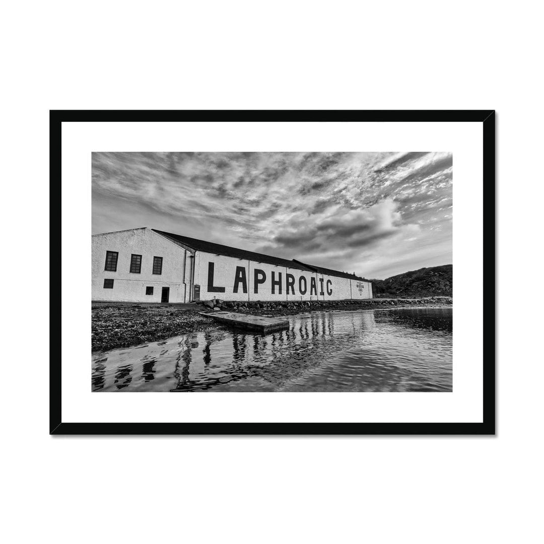Laphroaig Distillery Islay Black and White Framed & Mounted Print 28"x20" / Black Frame by Wandering Spirits Global