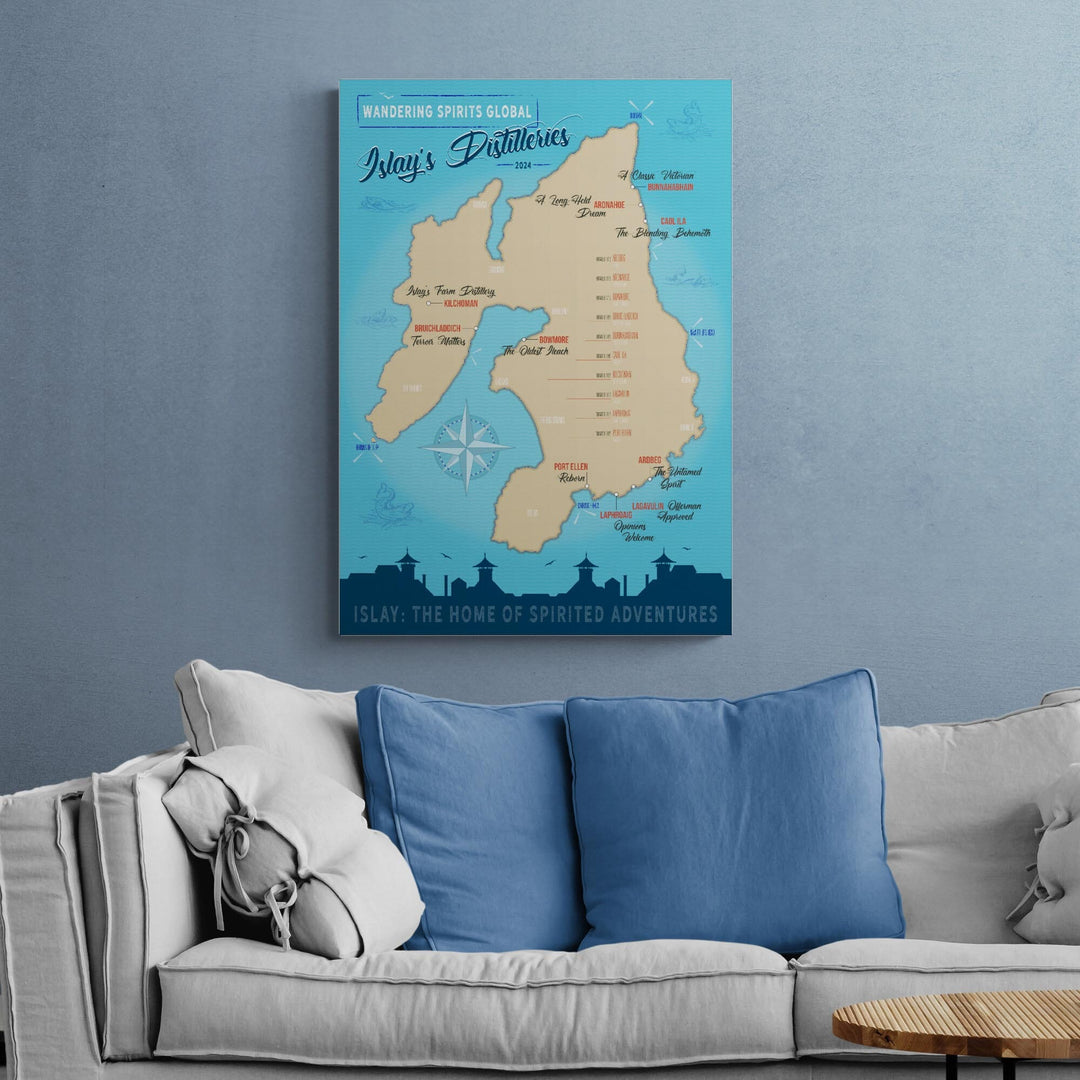 Islay Distilleries Map Blue Toned Art Poster by Wandering Spirits Global
