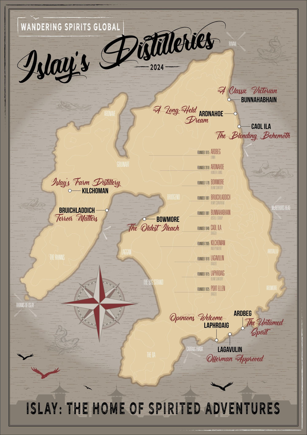 Islay Distillery Map Dark Toned Art Poster A1 Portrait by Wandering Spirits Global
