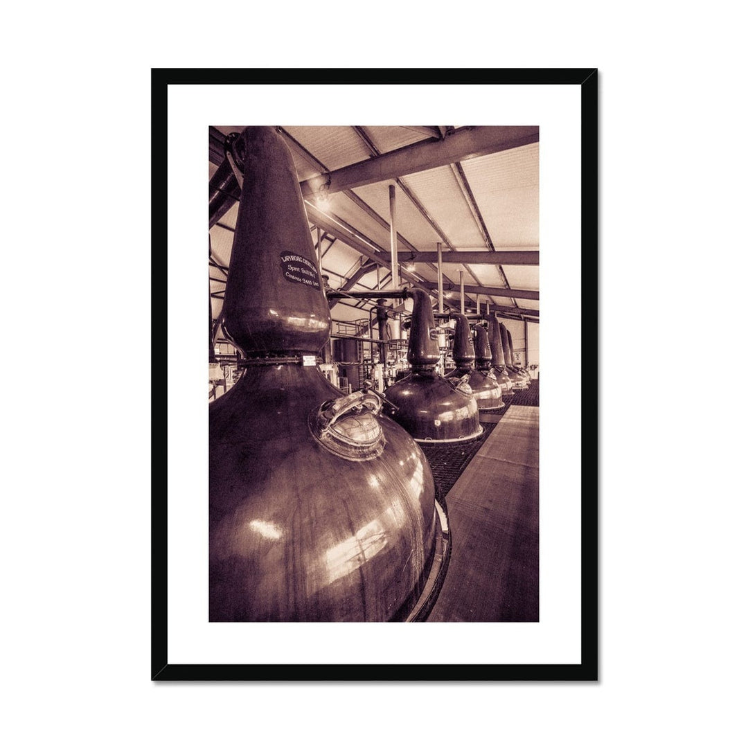 Spirit and Wash Stills Laphroaig Distillery Sepia Toned Framed & Mounted Print 20"x28" / Black Frame by Wandering Spirits Global