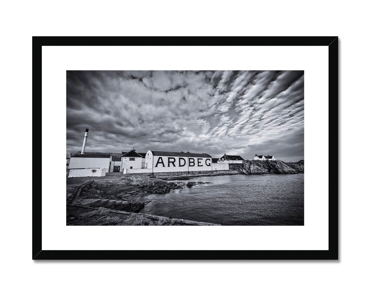 Ardbeg Distillery Black and White Framed & Mounted Print A4 Landscape / Black Frame by Wandering Spirits Global
