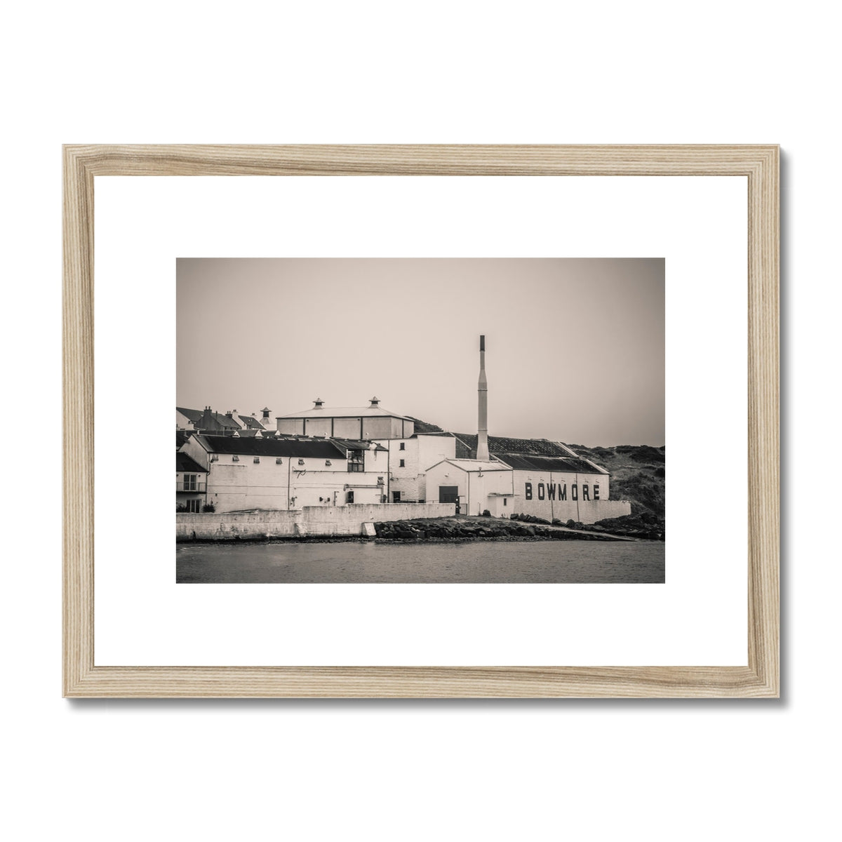 Bowmore Distillery Black and White Framed & Mounted Print 16"x12" / Natural Frame