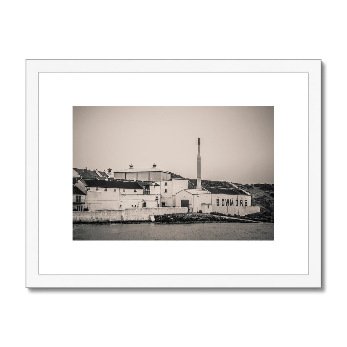 Bowmore Distillery Black and White Framed & Mounted Print 16"x12" / White Frame