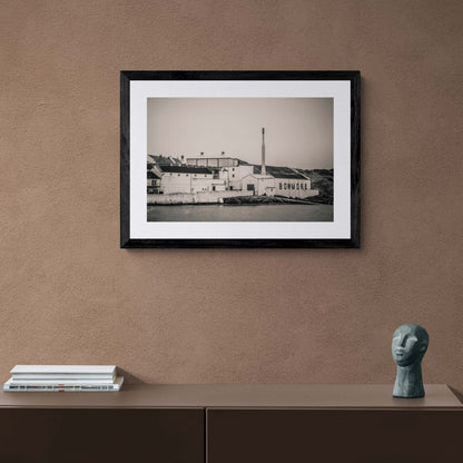 Bowmore Distillery Black and White Framed & Mounted Print A2 Landscape / Black Frame