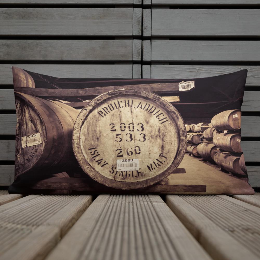 close up of a rectangular pillow with a print of bruichladdich islay single malt 2003 cask printed on the fabric