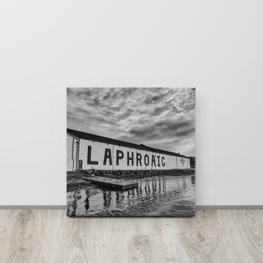 Laphroaig Distillery Warehouse Black & White Premium Canvas 16"x16" / White Wrap by Wandering Spirits Global