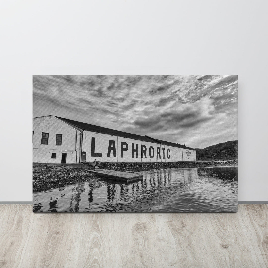 Laphroaig Distillery Warehouse Black & White Premium Canvas 36"x24" / White Wrap by Wandering Spirits Global
