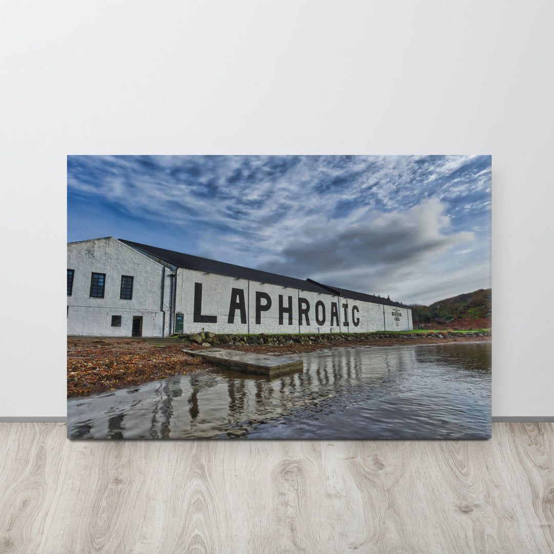 Laphroaig Distillery Warehouse Full Colour Premium Canvas 36"x24" / White Wrap by Wandering Spirits Global
