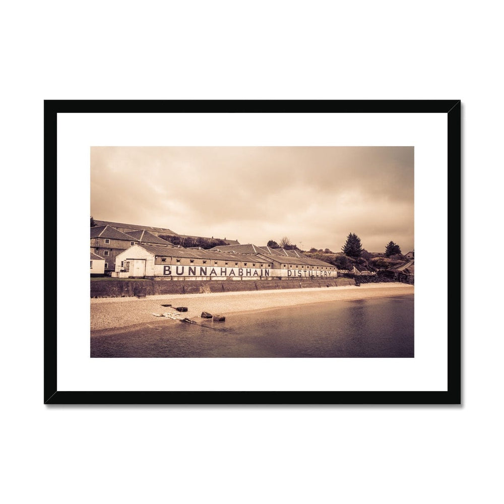 Bunnahabhain Distillery Warehouse Soft Colour Framed & Mounted Print A2 Landscape / Black Frame by Wandering Spirits Global