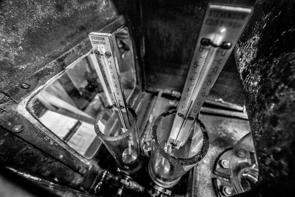 Distilling Thermometers Laphroaig Black and White Hahnemühle Photo Rag Print by Wandering Spirits Global