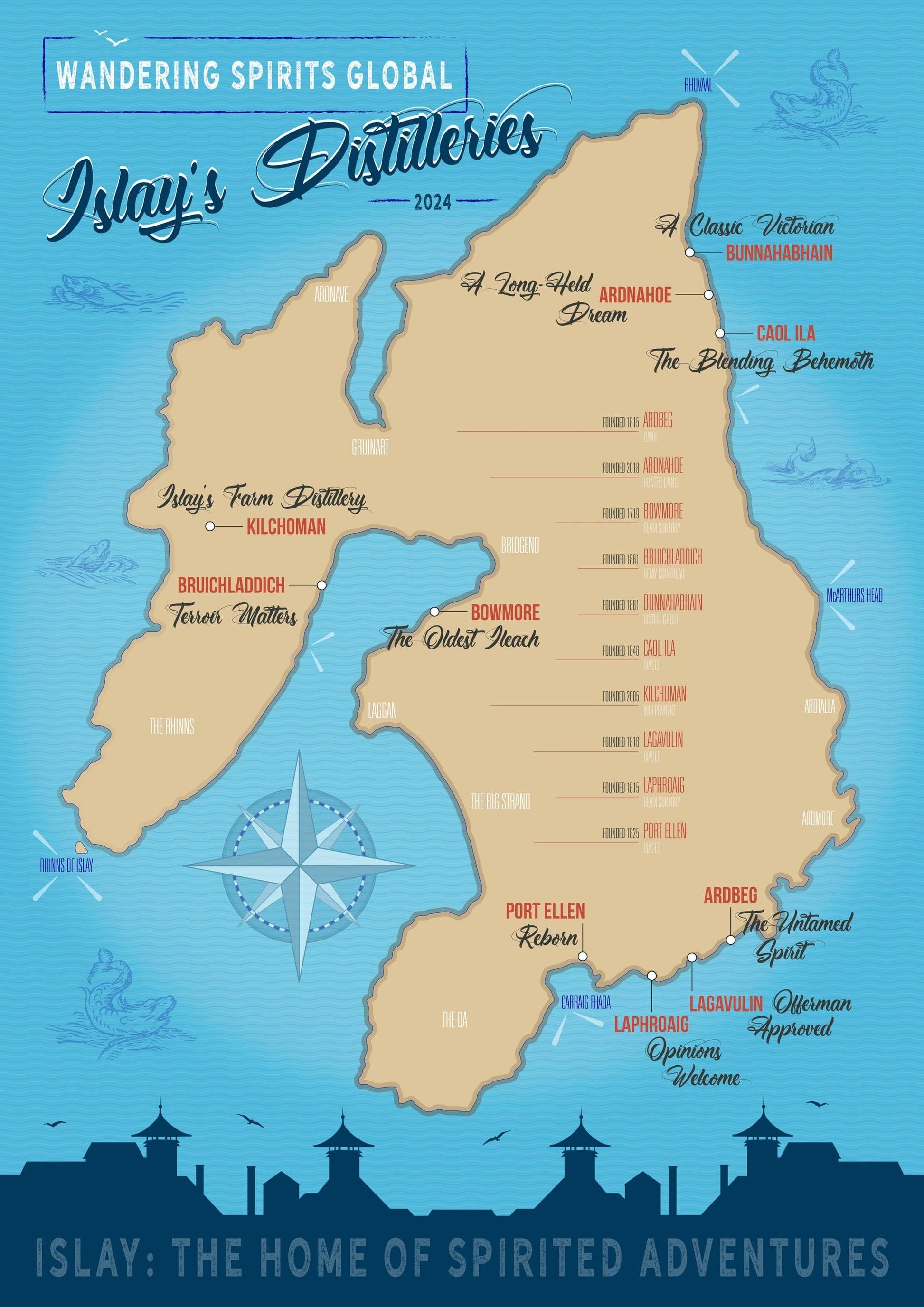 Islay Distilleries Map Blue Toned Art Poster by Wandering Spirits Global