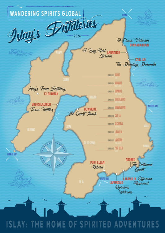 Islay Distilleries Map Blue Toned Art Poster by Wandering Spirits Global