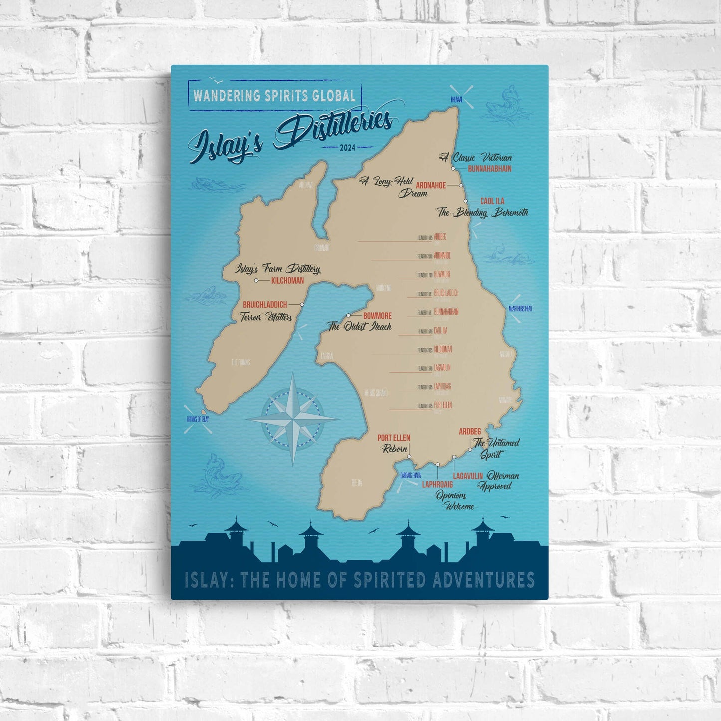 Islay Distilleries Map Blue Toned Art Poster 50×70 cm