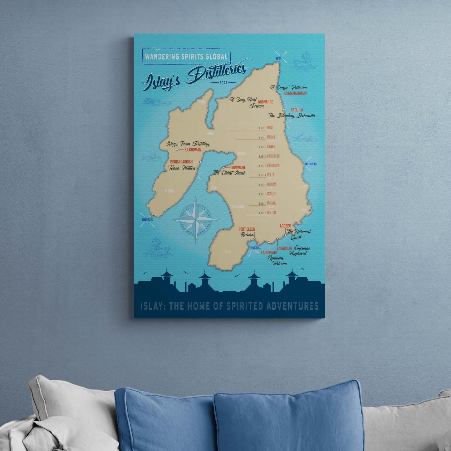 Islay Distilleries Map Blue Toned Art Poster 61×91 cm