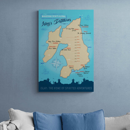 Islay Distilleries Map Blue Toned Art Poster 61×91 cm
