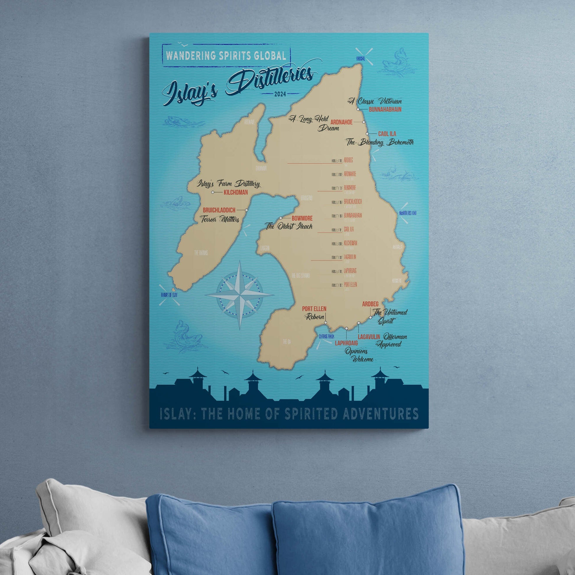 Islay Distilleries Map Blue Toned Art Poster 70×100 cm