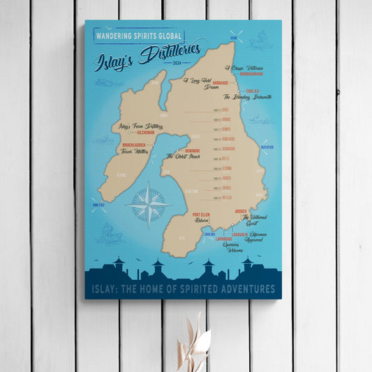 Islay Distillery Map Blue Toned Hahnemühle German Etching Print by Wandering Spirits Global