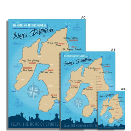 Islay Distillery Map Blue Toned Hahnemühle German Etching Print by Wandering Spirits Global