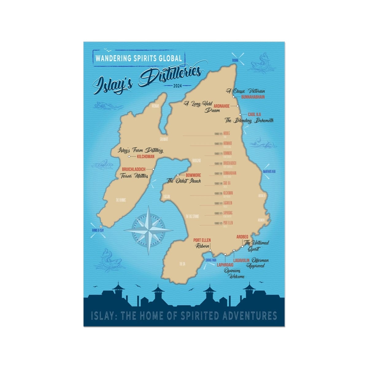 Islay Distillery Map Blue Toned Hahnemühle German Etching Print by Wandering Spirits Global