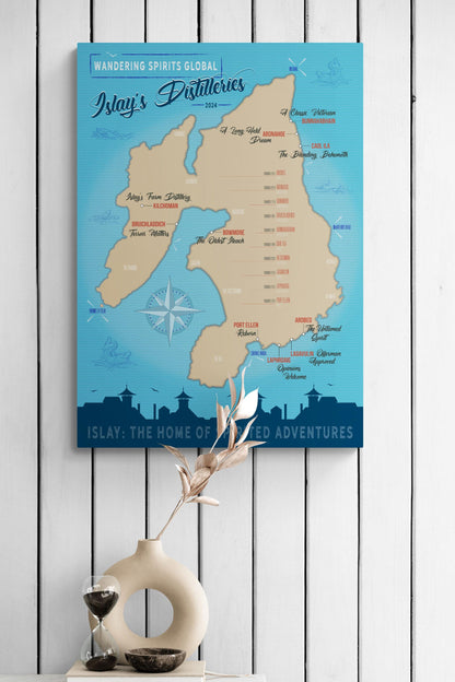 Islay Distillery Map Blue Toned Hahnemühle German Etching Print A1 Portrait by Wandering Spirits Global