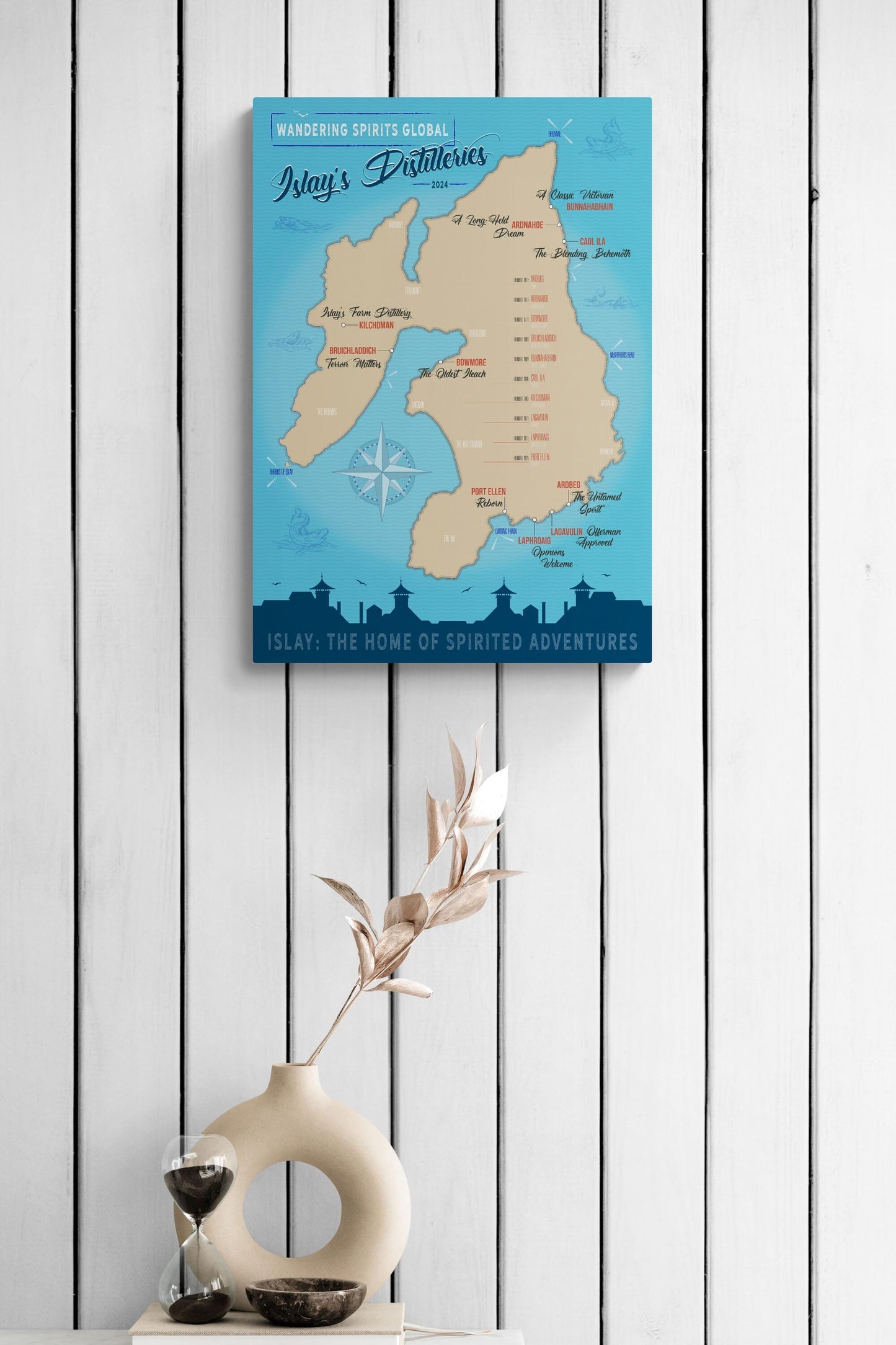 Islay Distillery Map Blue Toned Hahnemühle German Etching Print A2 Portrait by Wandering Spirits Global