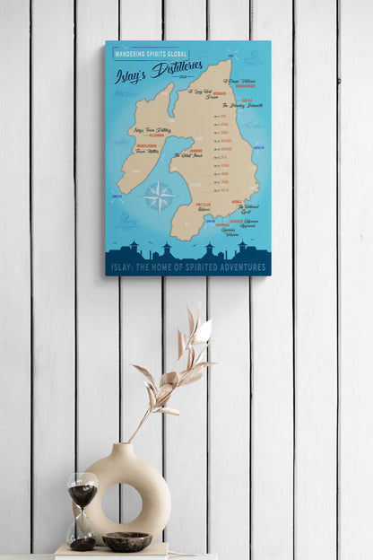 Islay Distillery Map Blue Toned Hahnemühle German Etching Print A2 Portrait by Wandering Spirits Global