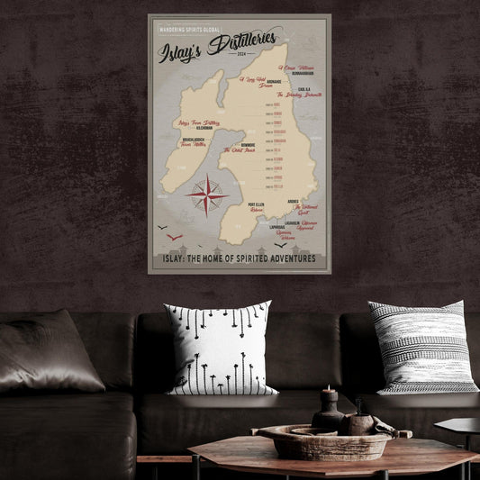 Islay Distillery Map Dark Toned Hahnemühle German Etching Print A0 Portrait by Wandering Spirits Global