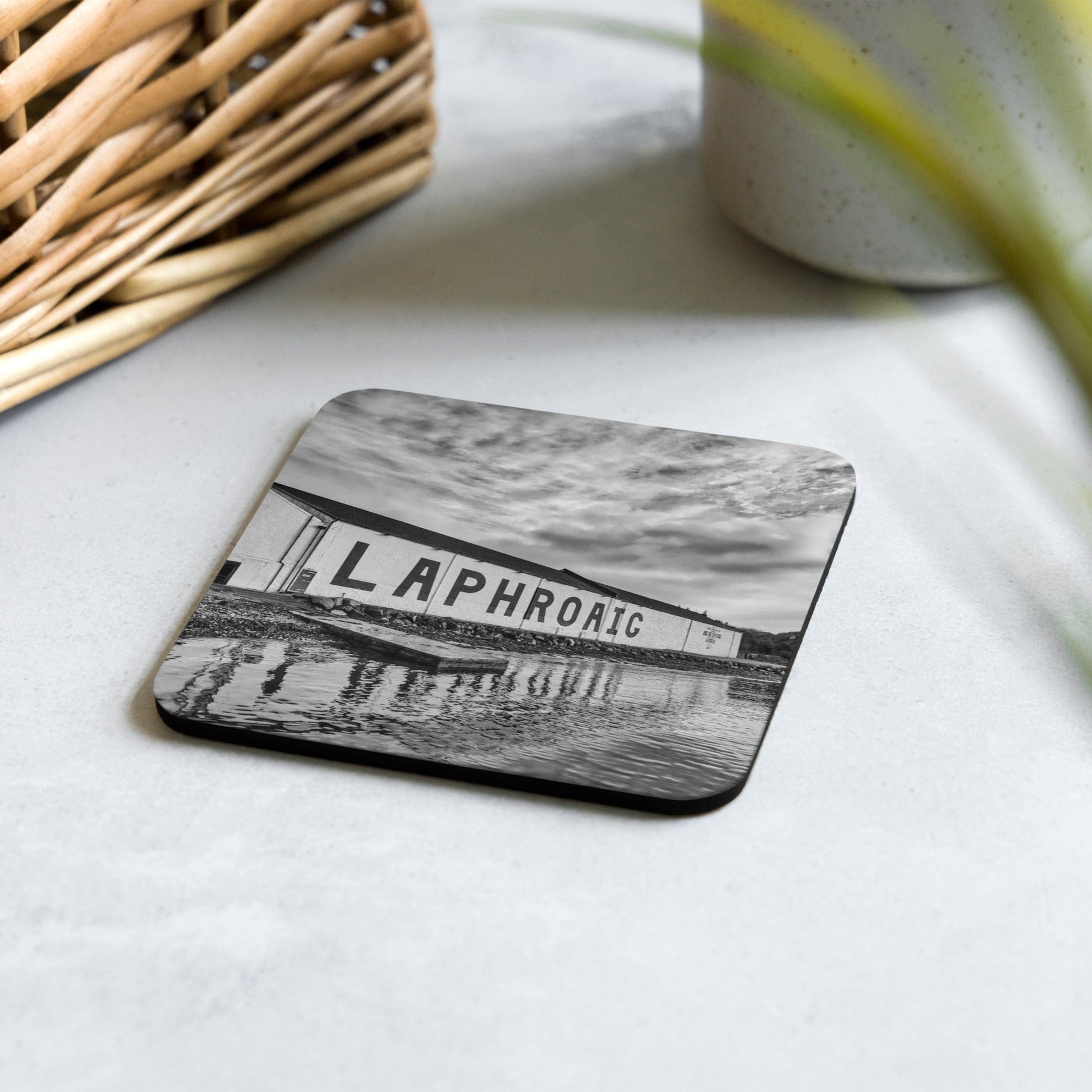 Laphroaig Distillery Warehouse Black and White Drink Coaster by Wandering Spirits Global