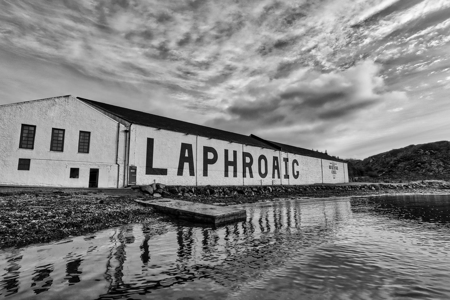 Laphroaig Distillery Warehouse Black and White Framed & Mounted Print
