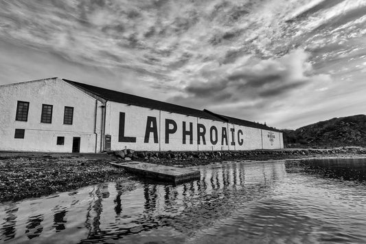 Laphroaig Distillery Warehouse Black and White Framed & Mounted Print