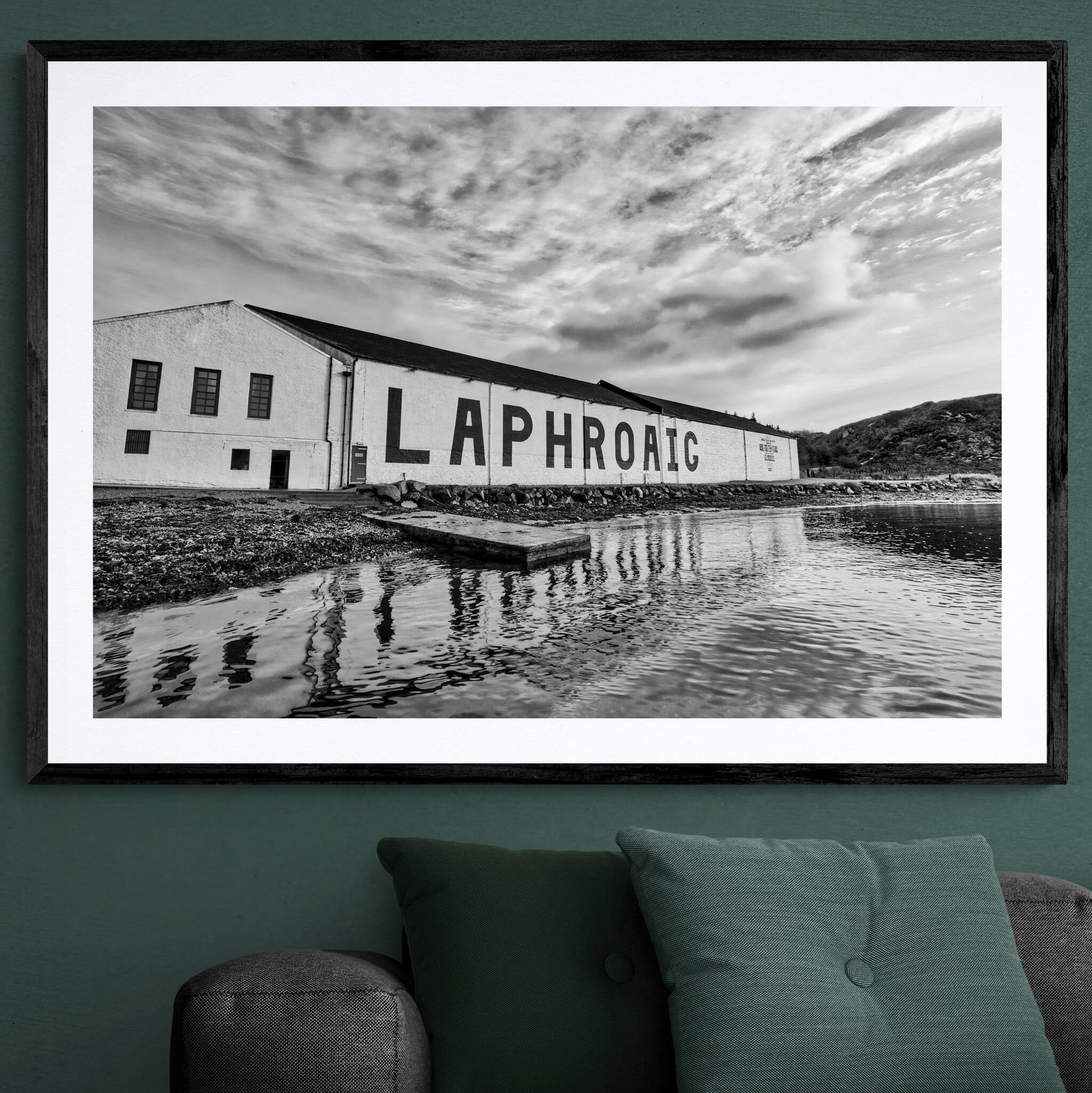 Laphroaig Distillery Warehouse Black and White Framed & Mounted Print 40"x28" / Black Frame