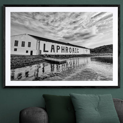 Laphroaig Distillery Warehouse Black and White Framed & Mounted Print 40"x28" / Black Frame