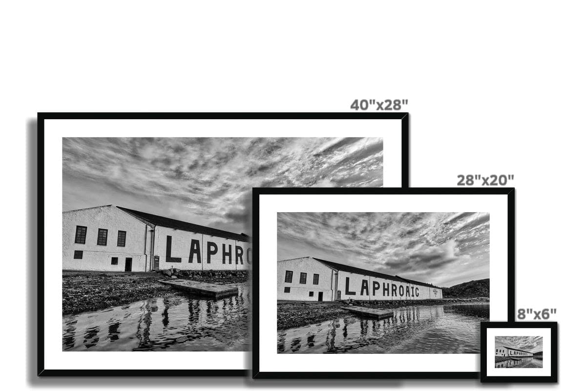 Laphroaig Distillery Islay Black and White Framed & Mounted Print by Wandering Spirits Global