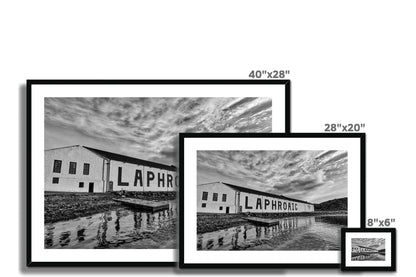 Laphroaig Distillery Islay Black and White Framed & Mounted Print by Wandering Spirits Global