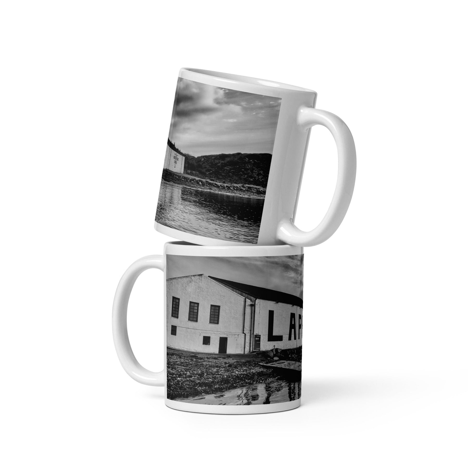 Laphroaig Distillery Warehouse Black and White Mugs by Wandering Spirits Global
