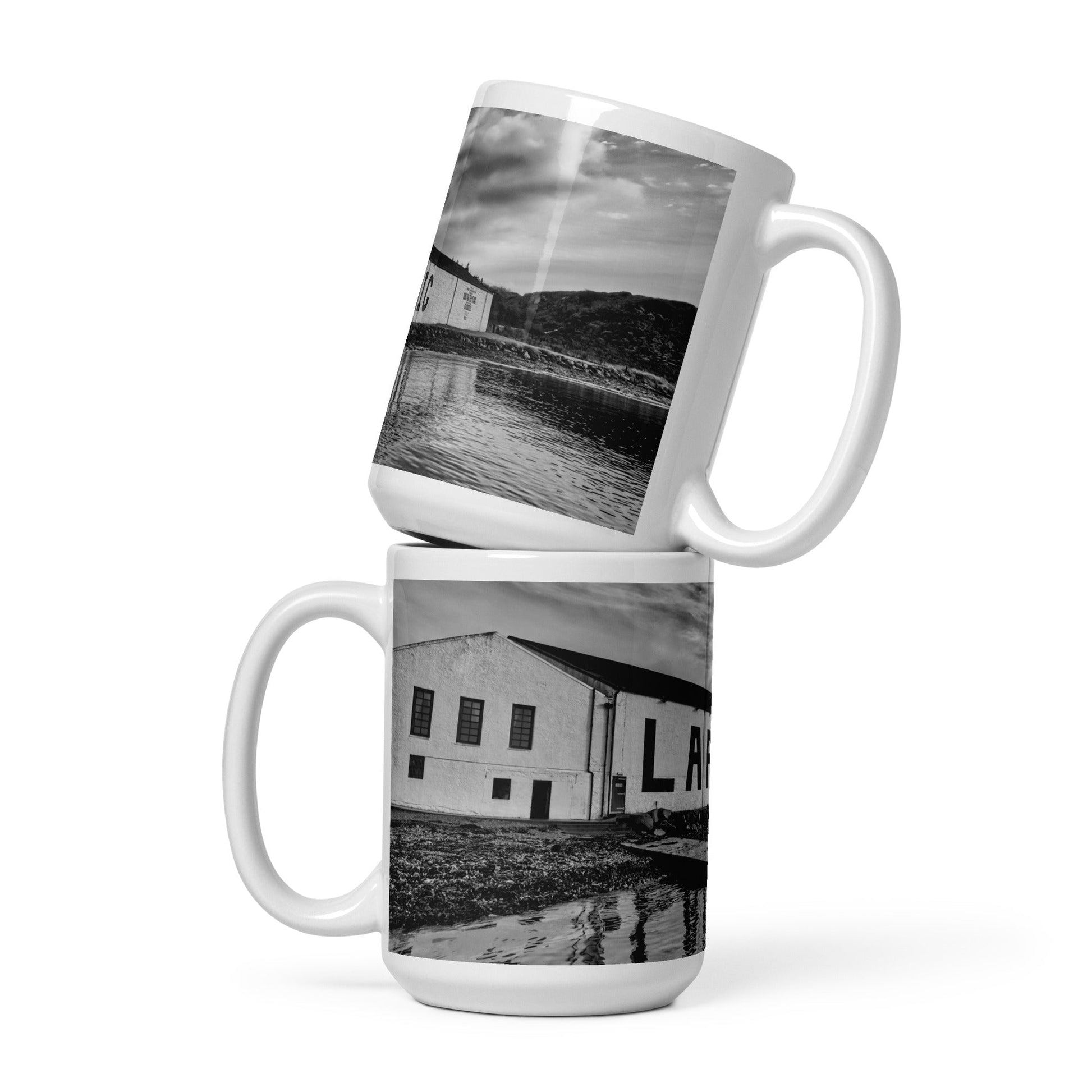 Laphroaig Distillery Warehouse Black and White Mugs by Wandering Spirits Global