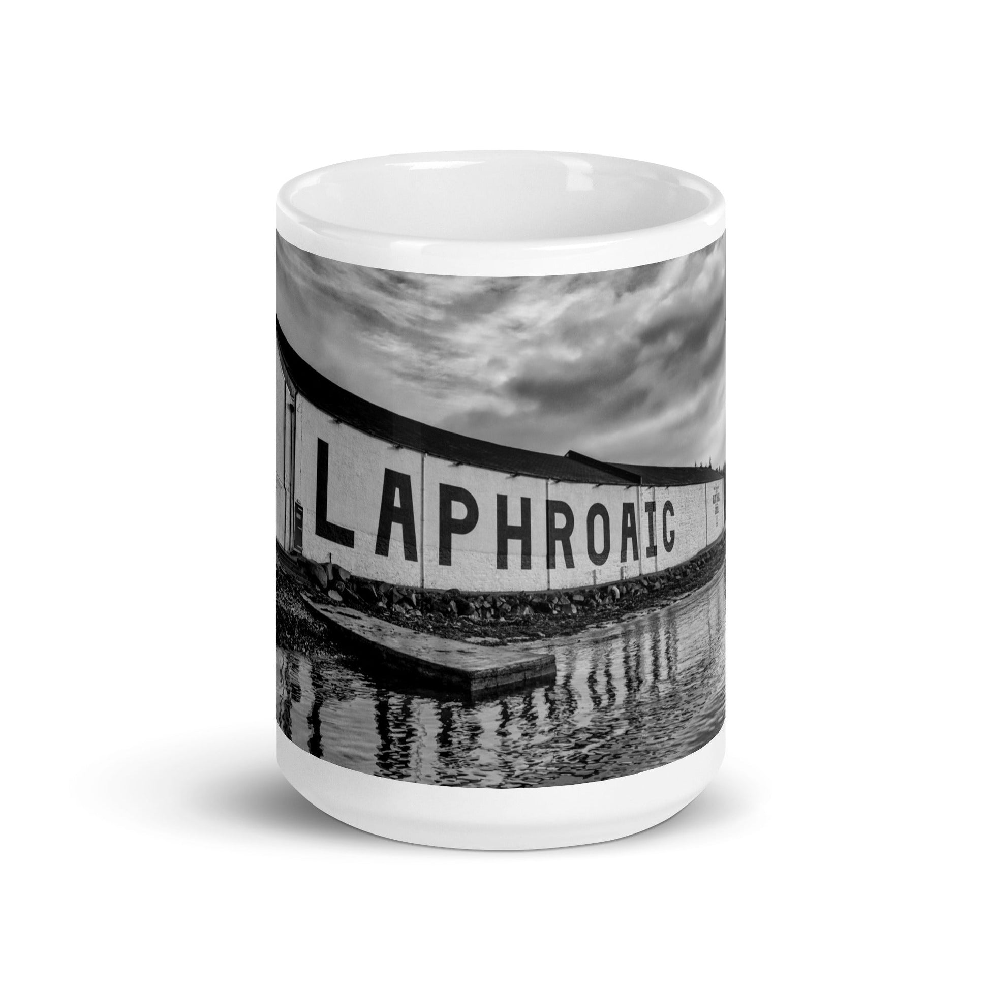Laphroaig Distillery Warehouse Black and White Mugs 15 oz by Wandering Spirits Global