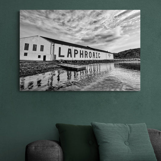 Laphroaig Distillery Warehouse Black & White Premium Canvas 36"x24" / White Wrap